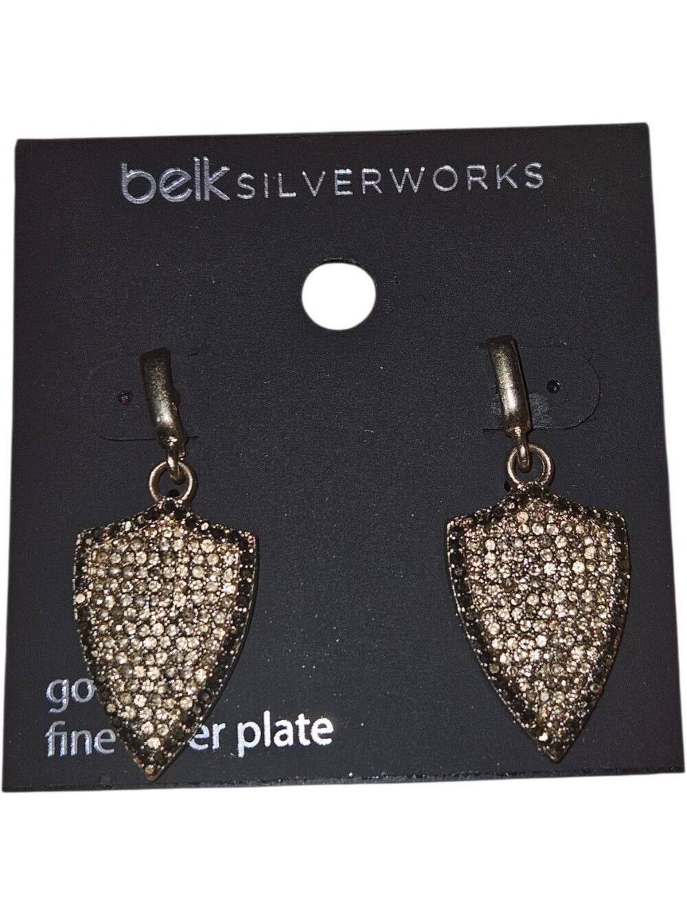 NWT Belk Silverworks Shield Pavé Rhinestone Drop Pendant Bronzed Gold Earrings